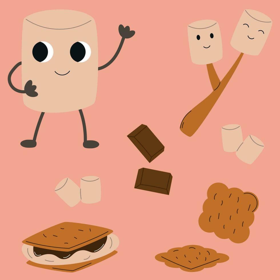 vetor desenho animado marshmallows, marshmallow biscoitos e chocolate peças em uma Rosa fundo