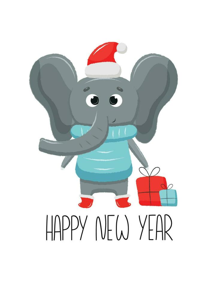Novo ano cartão com Natal elefante a comemorar feriado dentro vermelho chapéu e chuteiras vetor