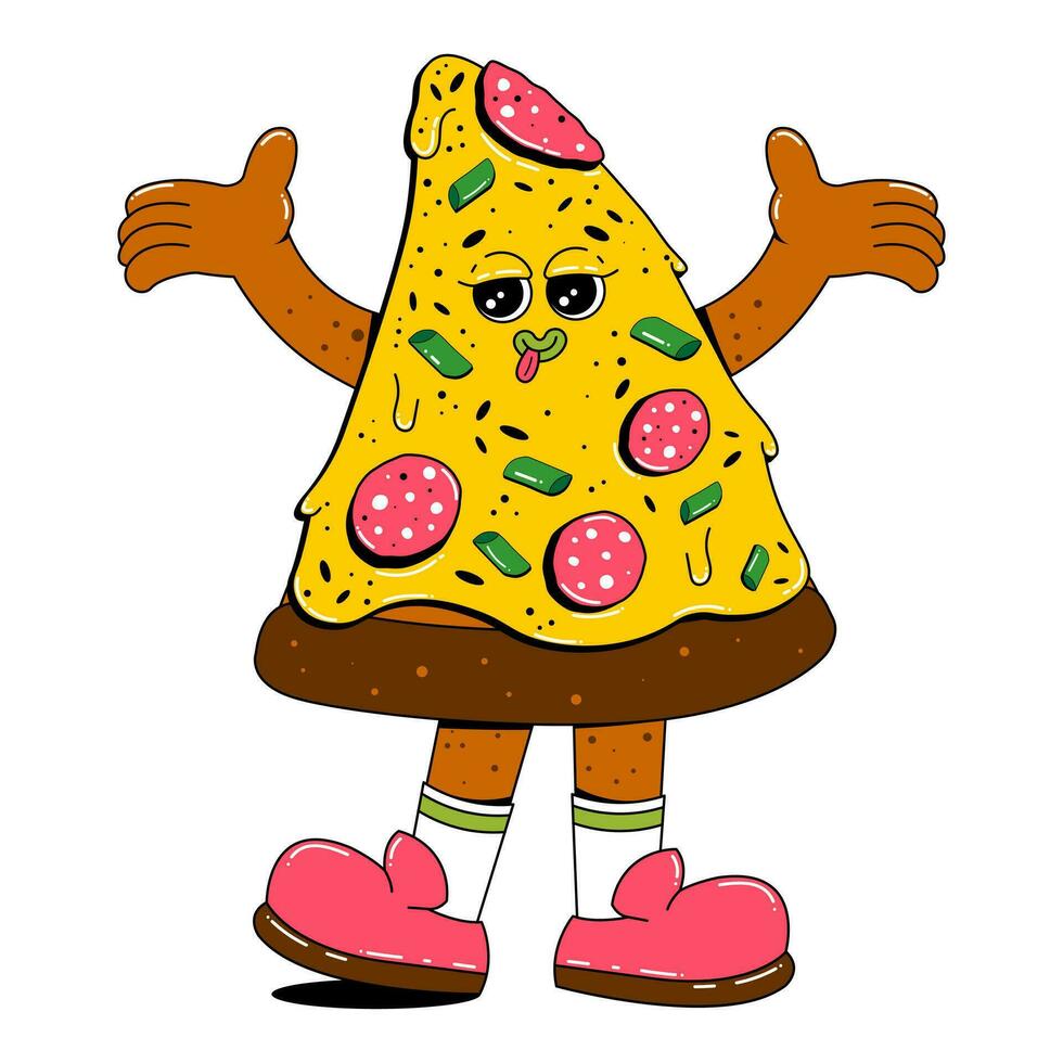 pizza personagem dentro retro desenho animado estilo. uma peça do pizza com uma engraçado expressão em Está face, braços e pernas. vetor ilustração dentro plano estilo.