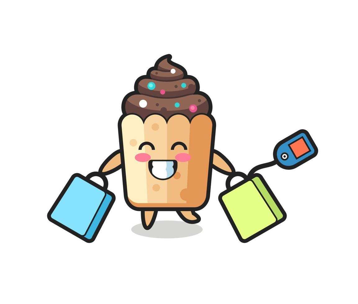 desenho de mascote de cupcake segurando uma sacola de compras vetor