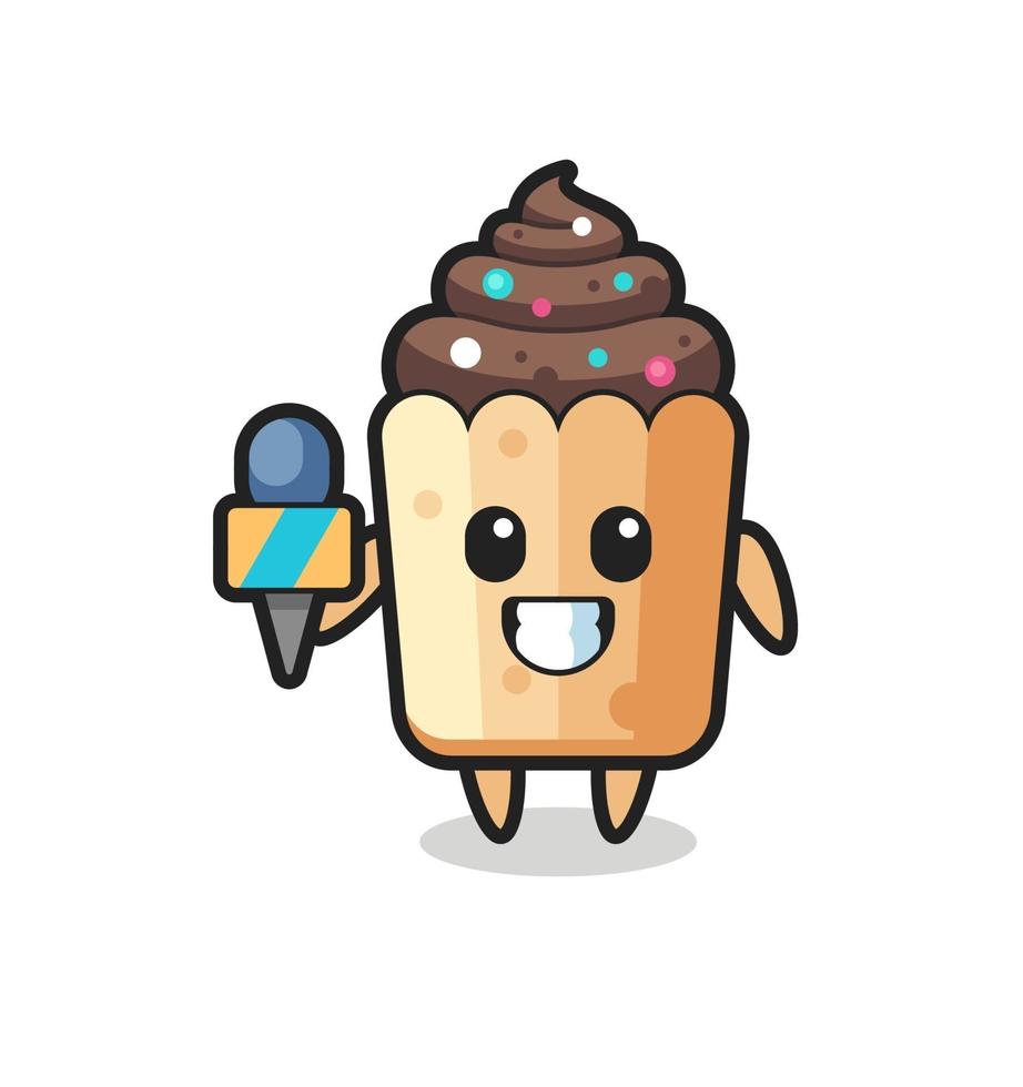 personagem mascote de cupcake como repórter de notícias vetor