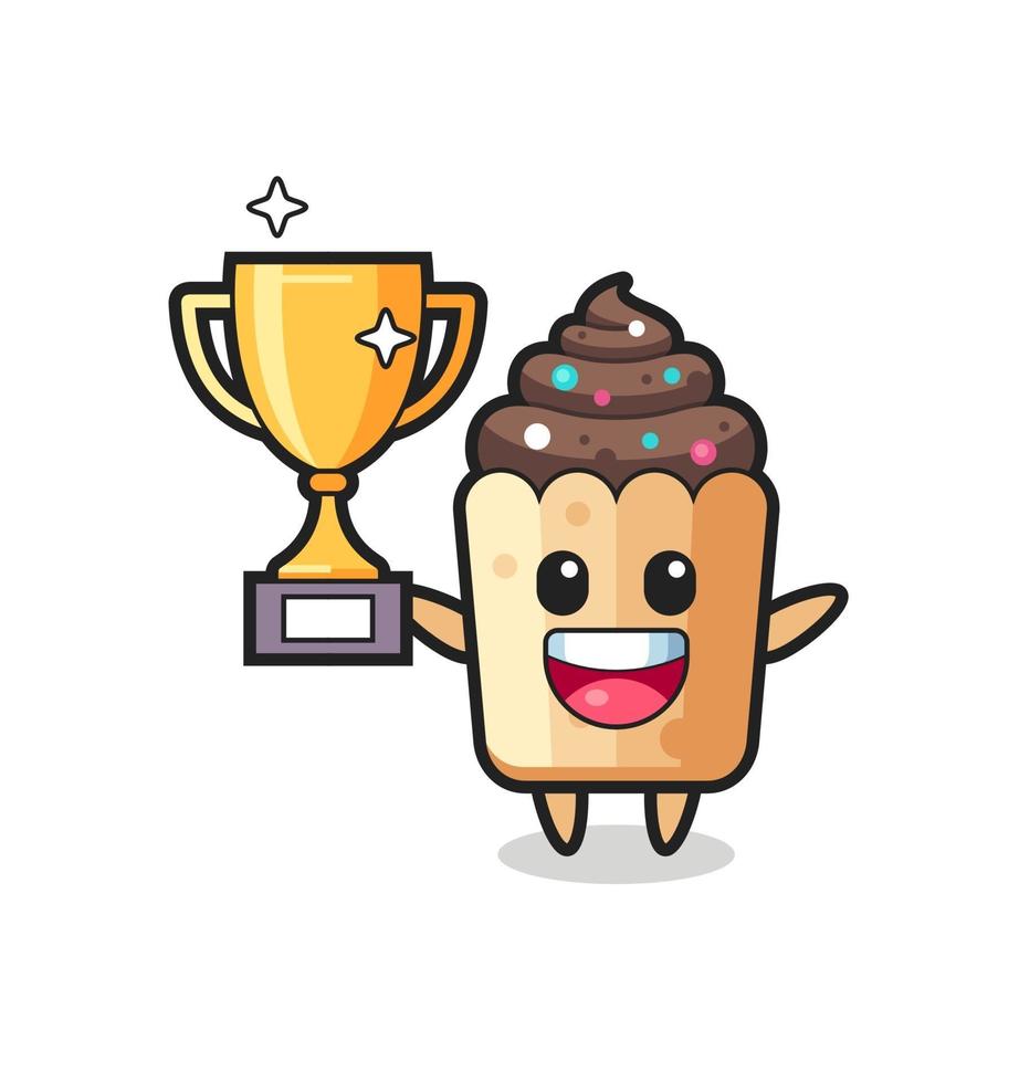 ilustração dos desenhos animados do queque está feliz segurando o troféu de ouro vetor