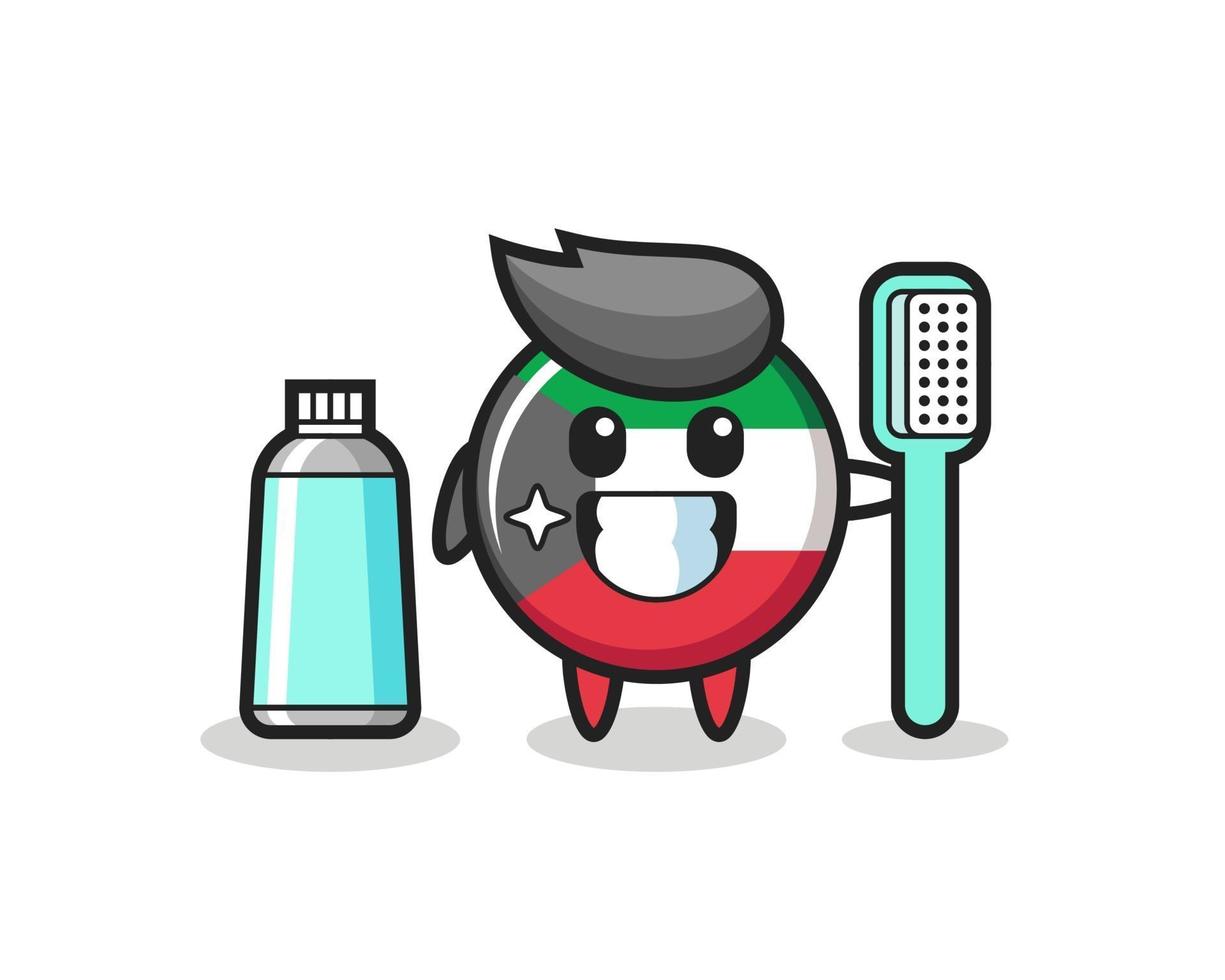 ilustração do mascote do emblema da bandeira kuwait com uma escova de dentes vetor