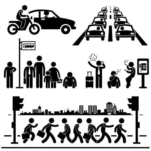 Urbano cidade vida metropolitana agitada rua tráfego ocupado hora do Rush homem Stick Figure pictograma ícone. vetor