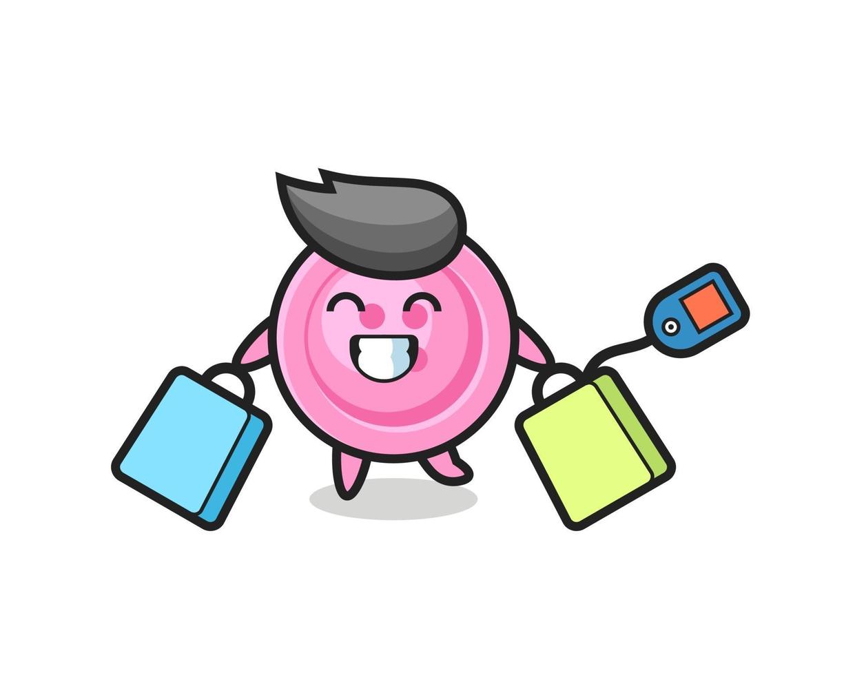 Desenho do mascote do botão de roupas segurando uma sacola de compras vetor