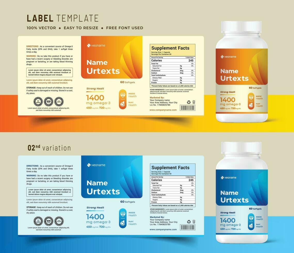 Vitamina rótulo adesivo Projeto e Comida suplemento bandeira embalagem saúde produtos. vetor