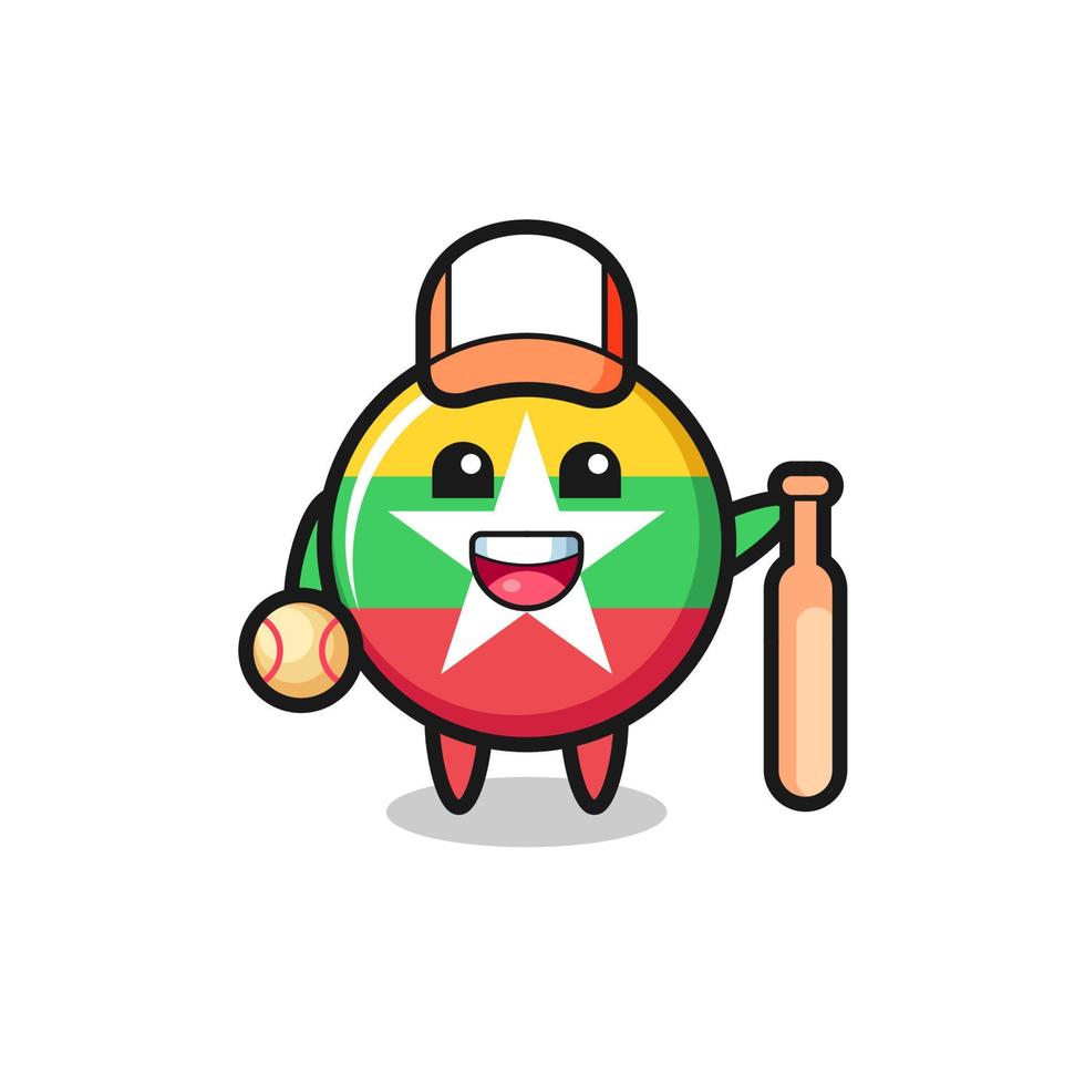 personagem de desenho animado do distintivo da bandeira de myanmar como jogador de beisebol vetor