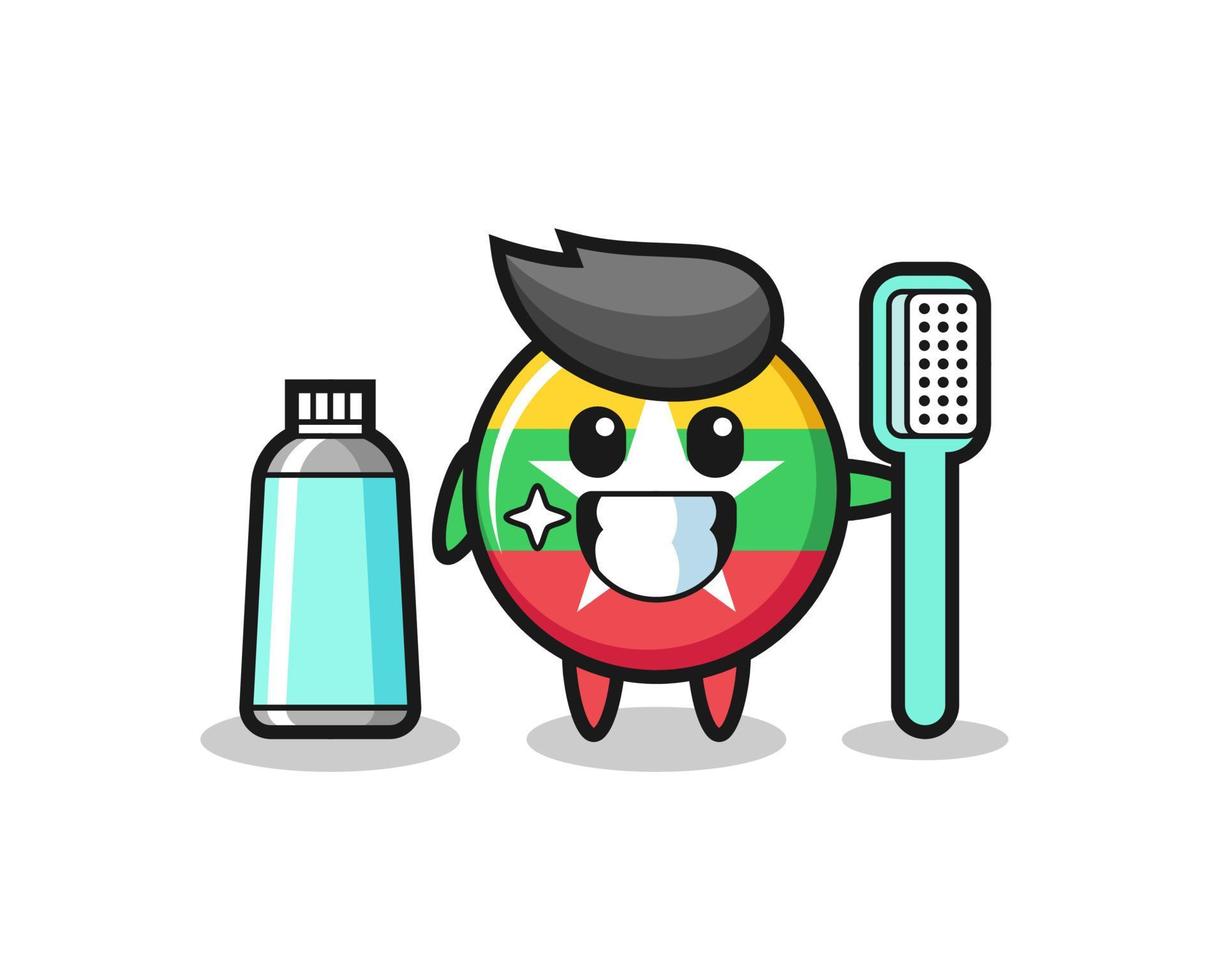 ilustração de mascote do emblema da bandeira de myanmar com uma escova de dentes vetor