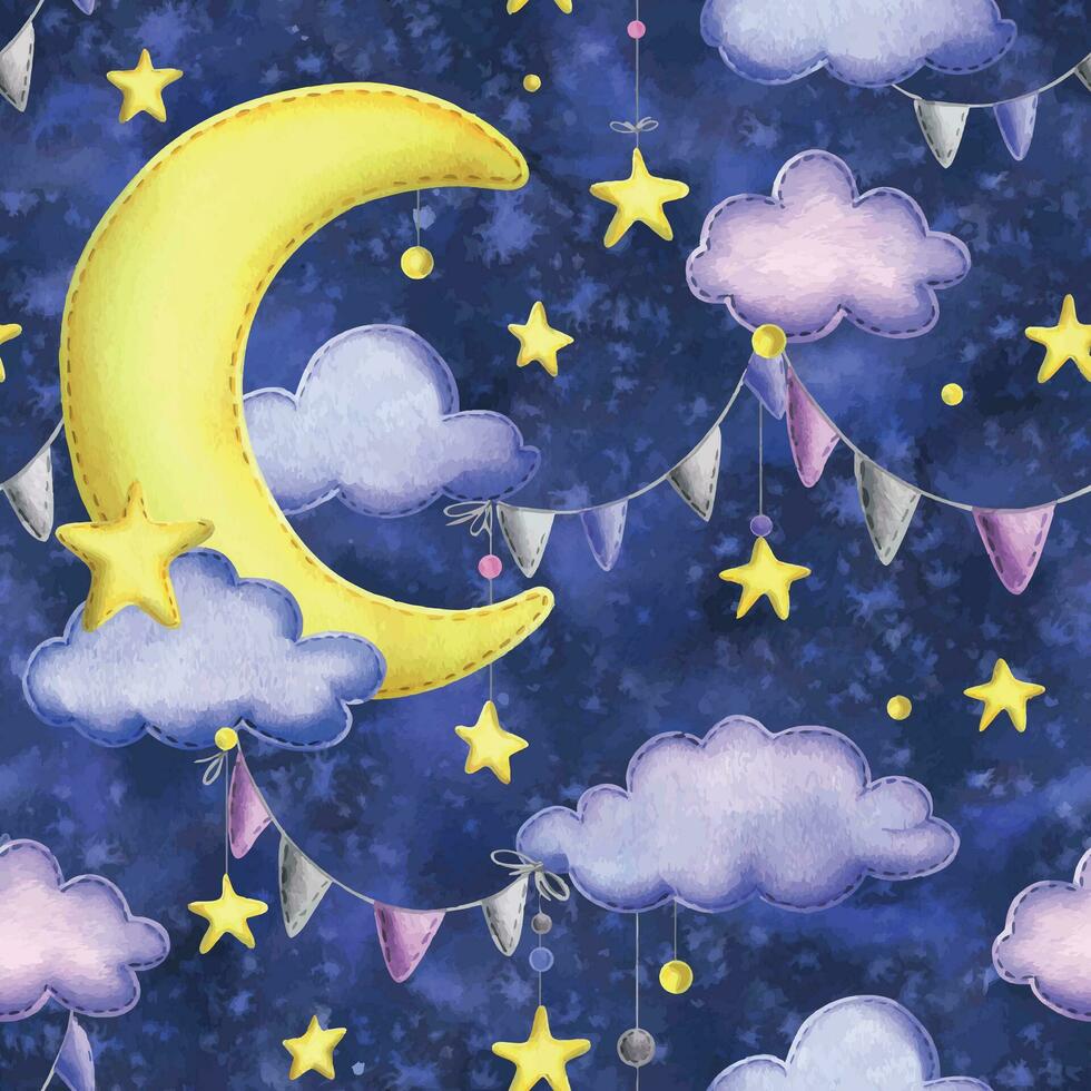 uma fofa costurado amarelo lua com suspensão estrelas, festão bandeiras, pontos, nuvens. aguarela ilustração, mão retirou. desatado padronizar em uma Sombrio azul fundo vetor