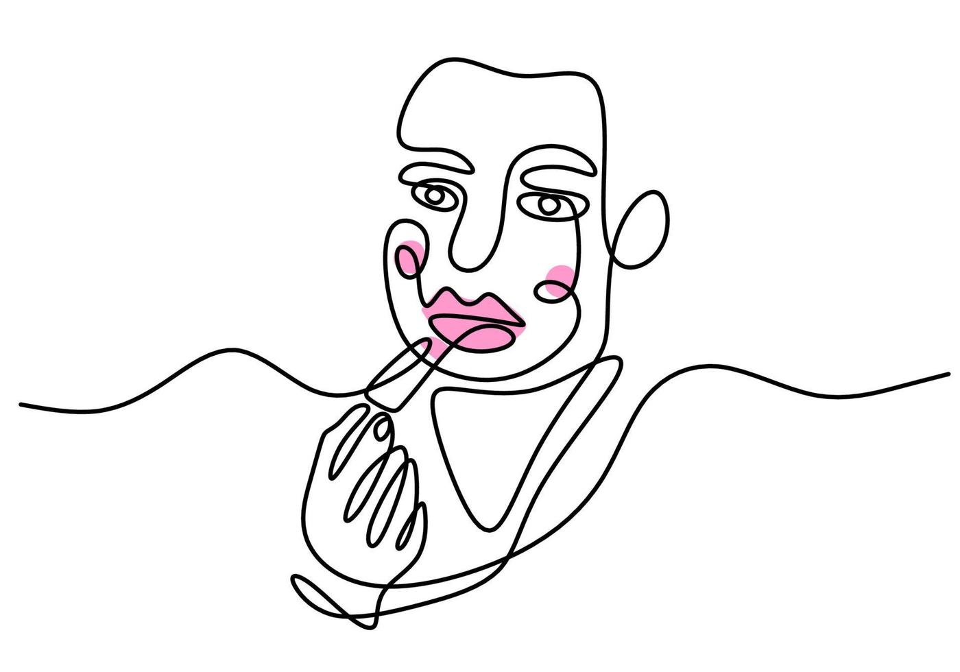 desenho de linha única contínua do rosto de uma mulher triste usando batom rosa vetor