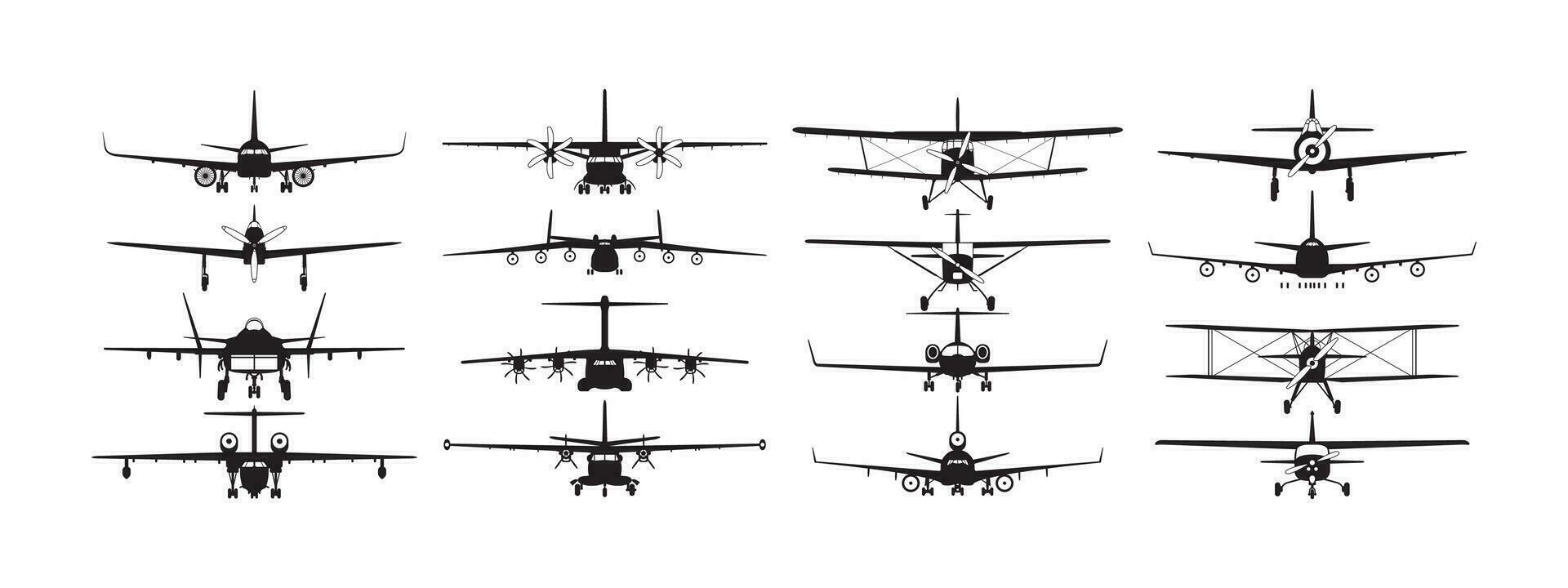 avião ícone definir. aeronaves ícones plano estilo. aviões silhuetas frente visualizar. vetor escalável gráficos