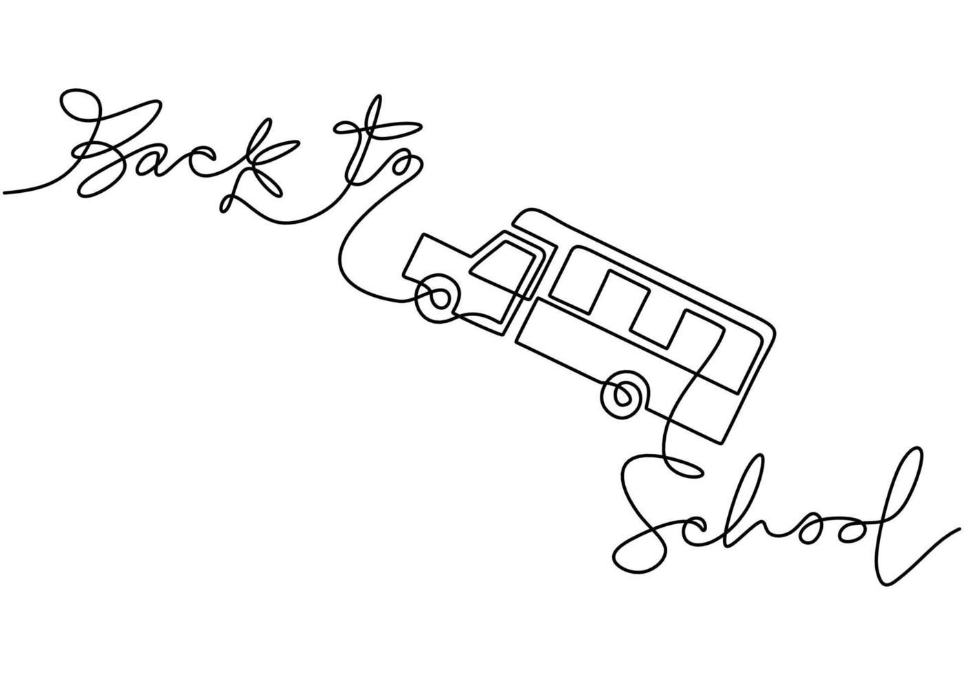 Contínuo um desenho de linha de volta às palavras manuscritas da escola com ônibus escolar isolado no fundo branco. vetor
