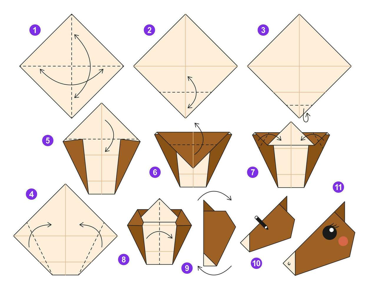 cavalo origami esquema tutorial comovente modelo. origami para crianças. degrau de degrau quão para faço uma fofa origami animal. vetor ilustração.