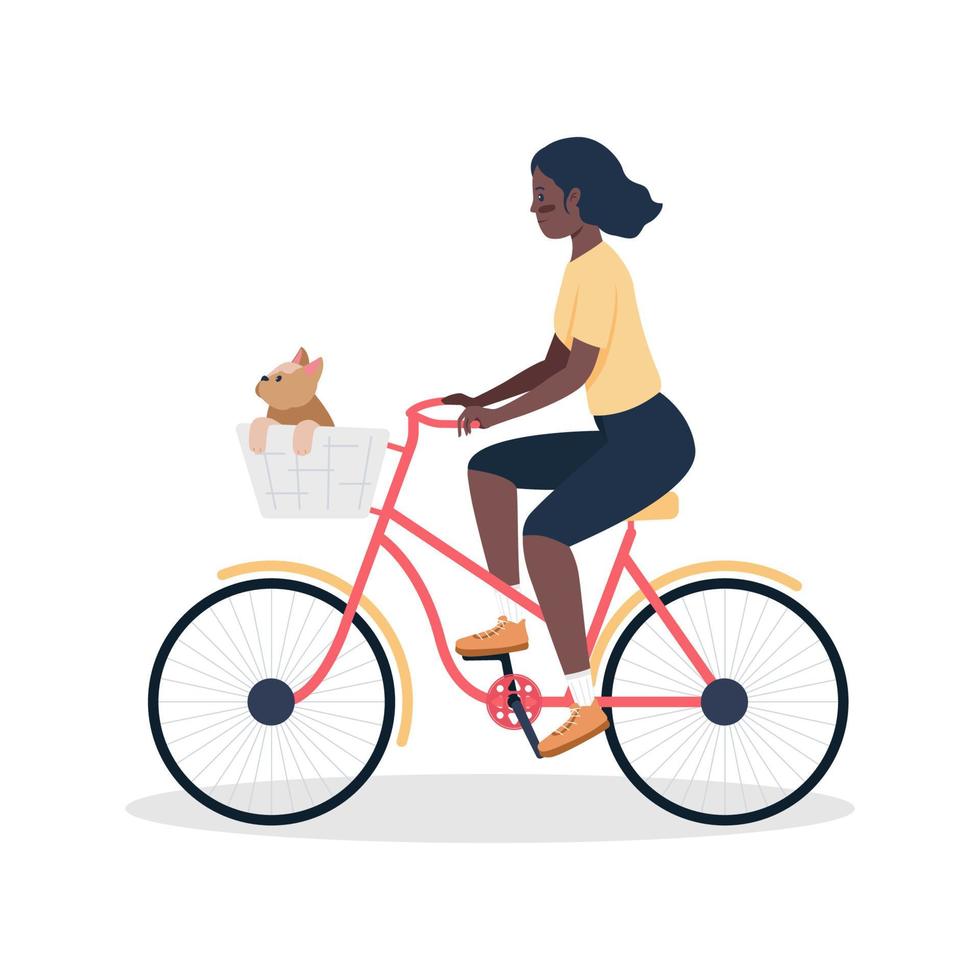 mulher andando de bicicleta com cachorro na cesta personagem de vetor de cor semi plana