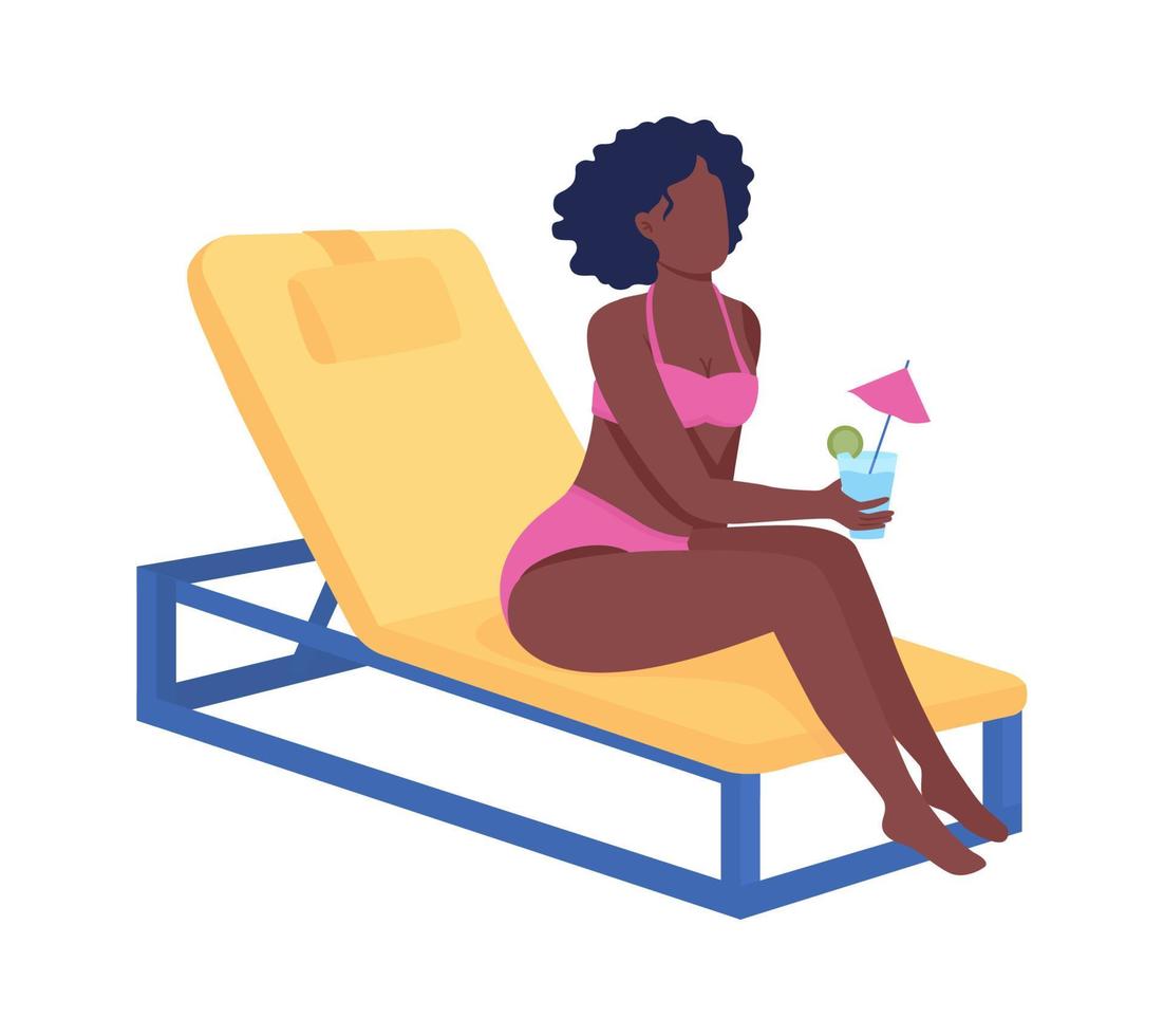 garota desfrutando de uma bebida tropical na praia personagem de vetor de cor semi plana