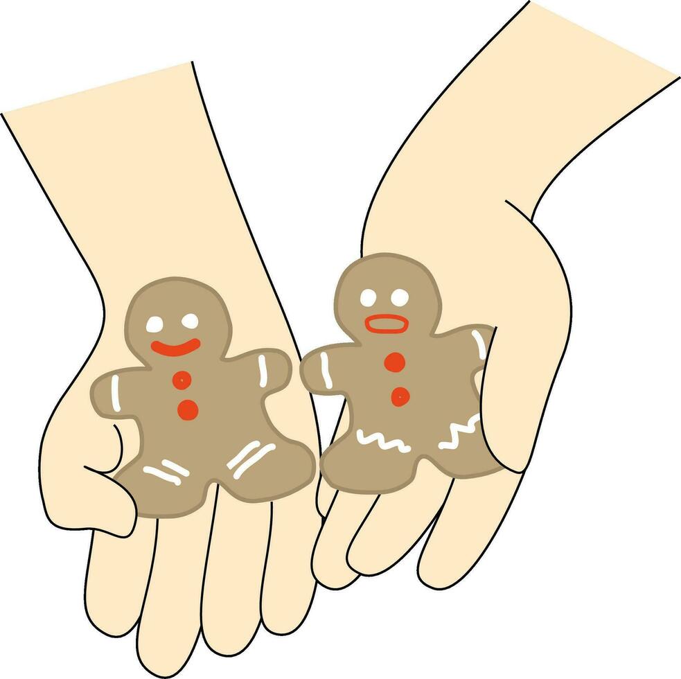 a criança segurando caseiro Pão de gengibre homem biscoitos dentro mãos vetor