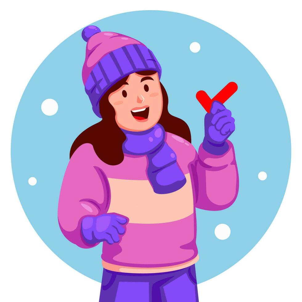 menina vestindo inverno roupas segurando uma Verifica marca vetor