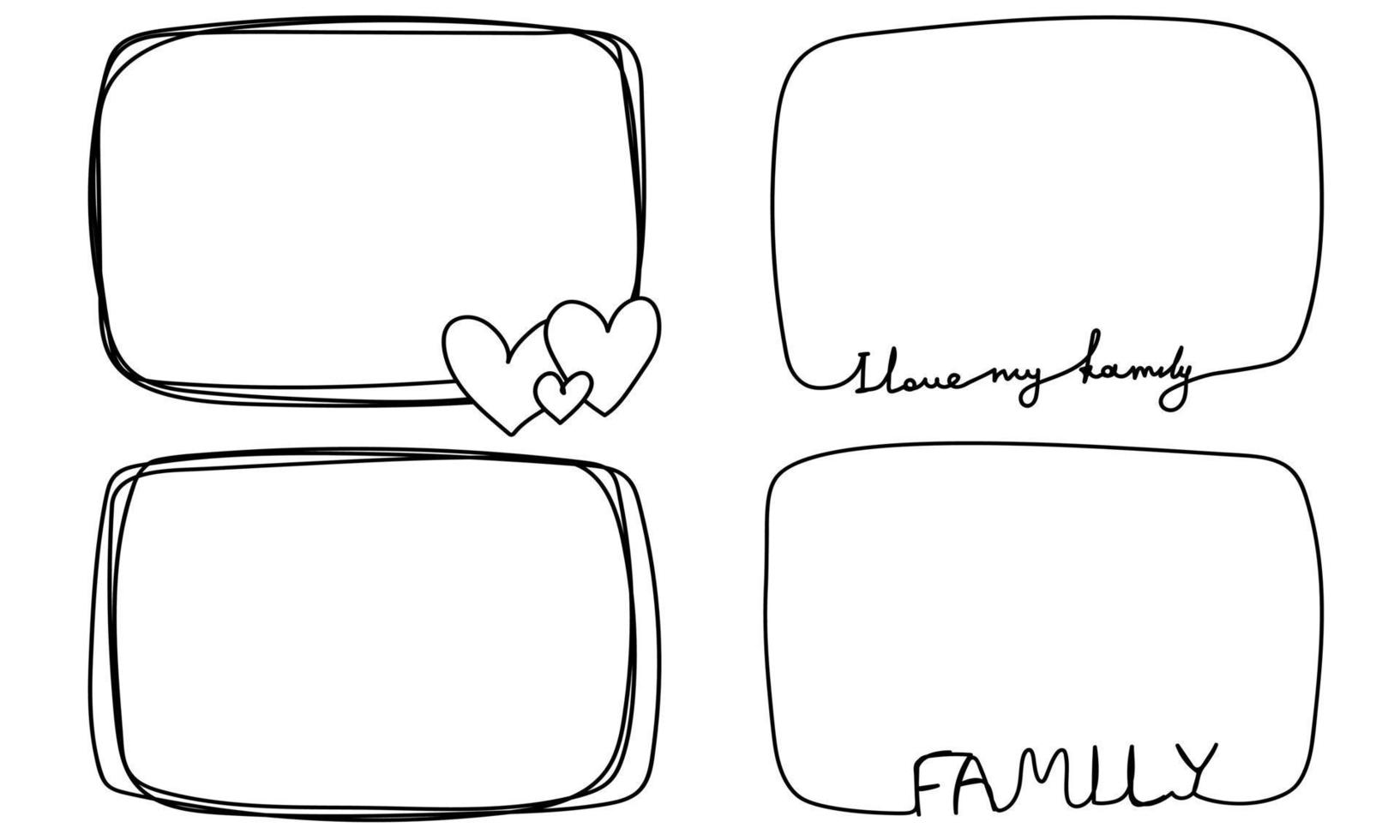 doodle frames mão desenhada linha corações eu amo minha coleção de texto de família vetor