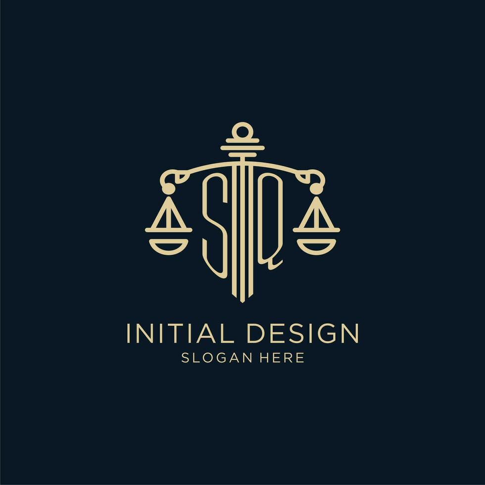 inicial sq logotipo com escudo e balanças do justiça, luxo e moderno lei empresa logotipo Projeto vetor