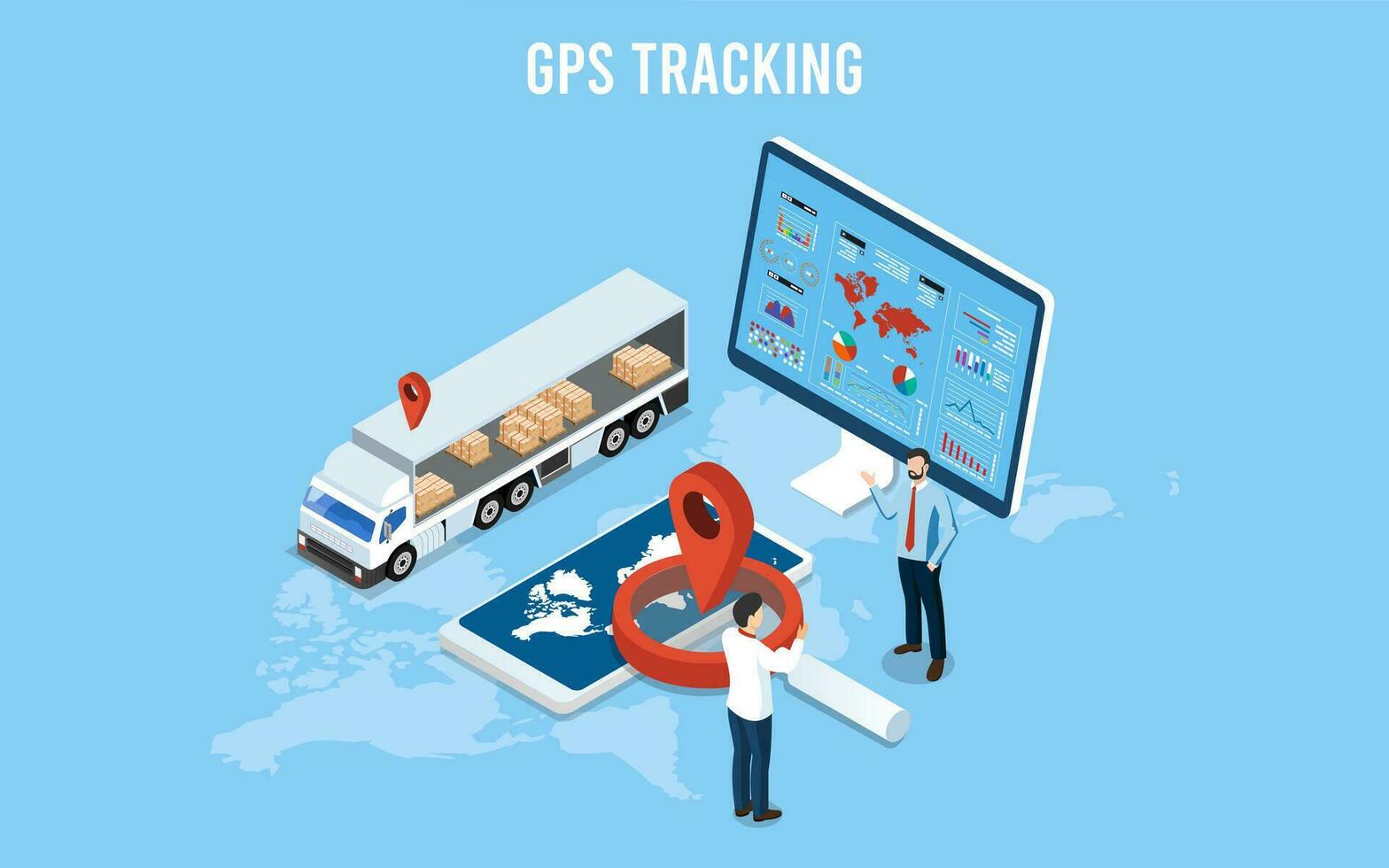 3d isométrico no mundo todo GPS rastreamento conceito com caminhão, mapa GPS navegação, monitor com mapa e ampliação vidro. vetor ilustração eps10