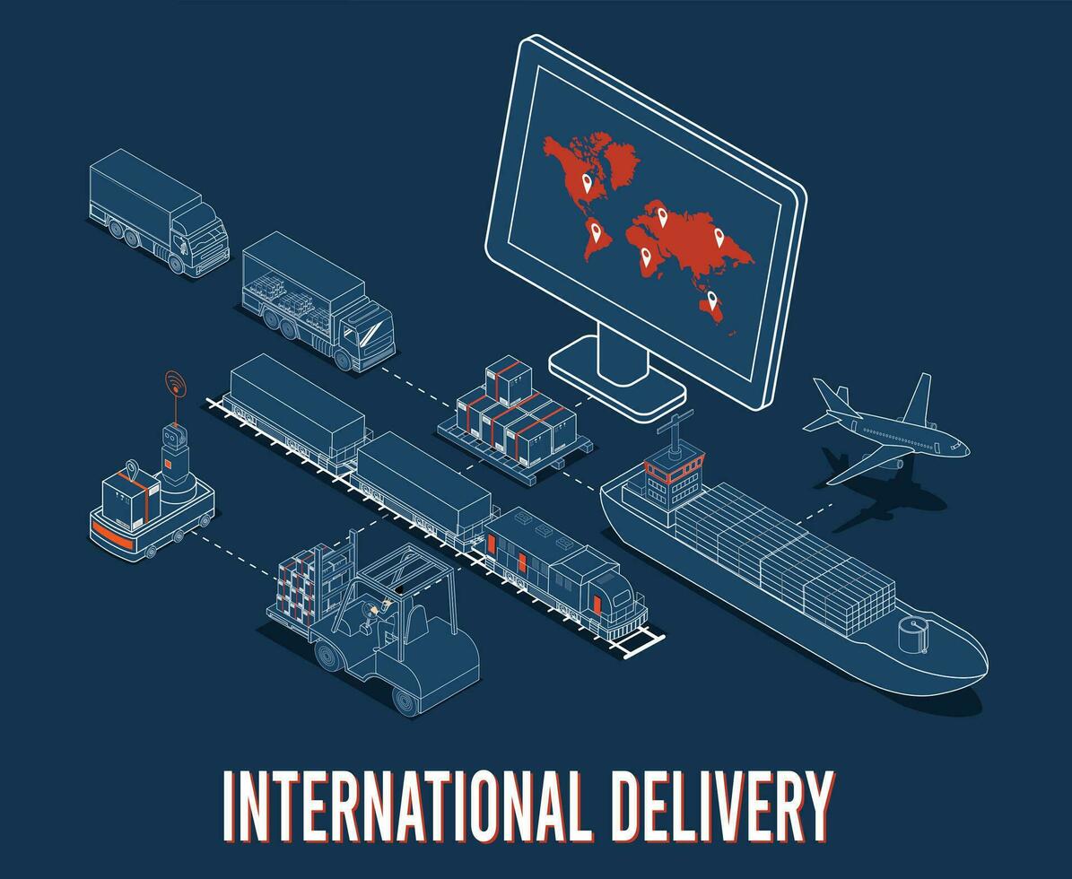 internacional Entrega e global logística conceito com transporte Operação serviço, ar, estrada, enviar, trilho transporte. vetor ilustração eps 10