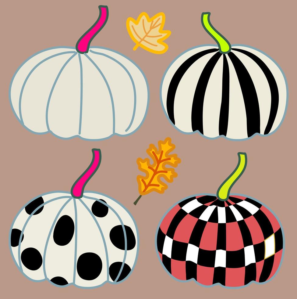 abóboras deign conjunto com padrão gráfico em quatro abóboras desenhando outono e folhas de outono mão desenhada arte vetorial vetor
