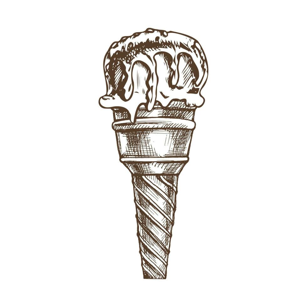 uma desenhado à mão esboço do uma waffle copo com congeladas iogurte ou gelo creme com chocolate molho em topo. vintage ilustração. elemento para a Projeto do rótulos, embalagem e cartões postais. vetor