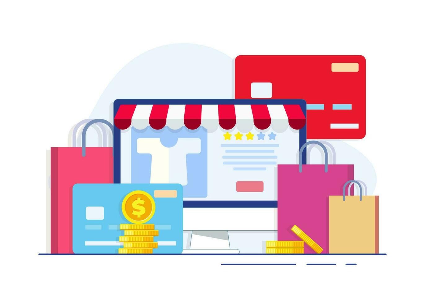 conectados compras, ou digital loja em Área de Trabalho computador vetor plano ilustração com crédito cartão, moedas compras bolsa, conectados comprar, comércio eletrônico local na rede Internet