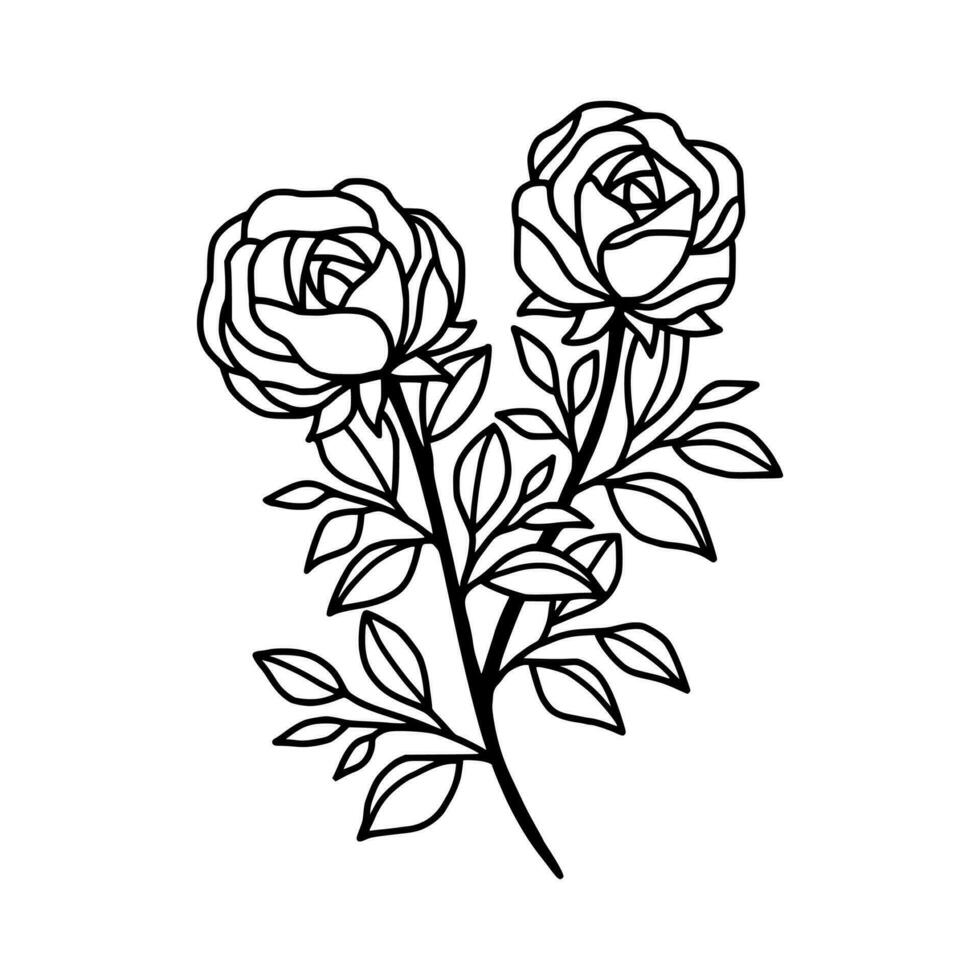 mão desenhado rosa flor e folha ramo linha arte vetor ilustração Projeto