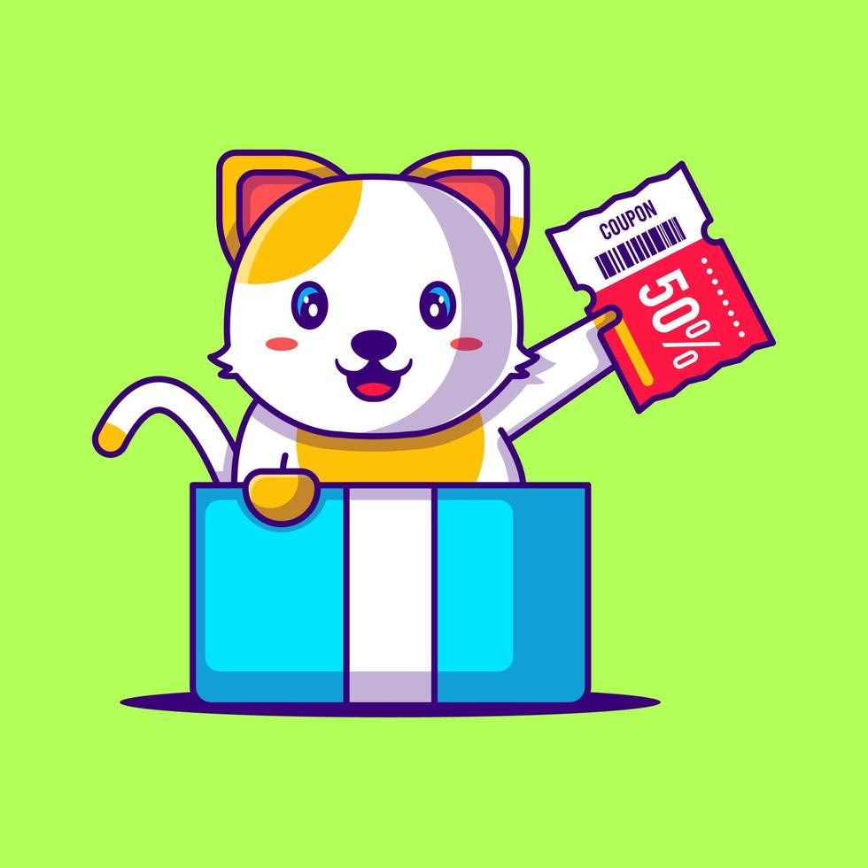 gato bonito no presente da caixa segurando a ilustração dos desenhos animados de cupom de desconto. conceito de estilo cartoon plana de venda de animais e flash vetor