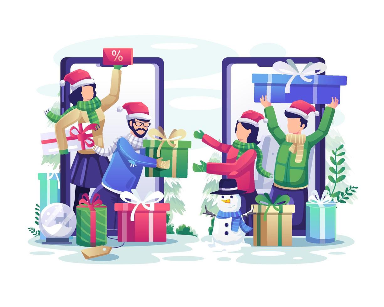 as pessoas estão compartilhando presentes de natal entre si por meio de smartphones online para comemorar o natal e o ano novo. ilustração vetorial plana vetor