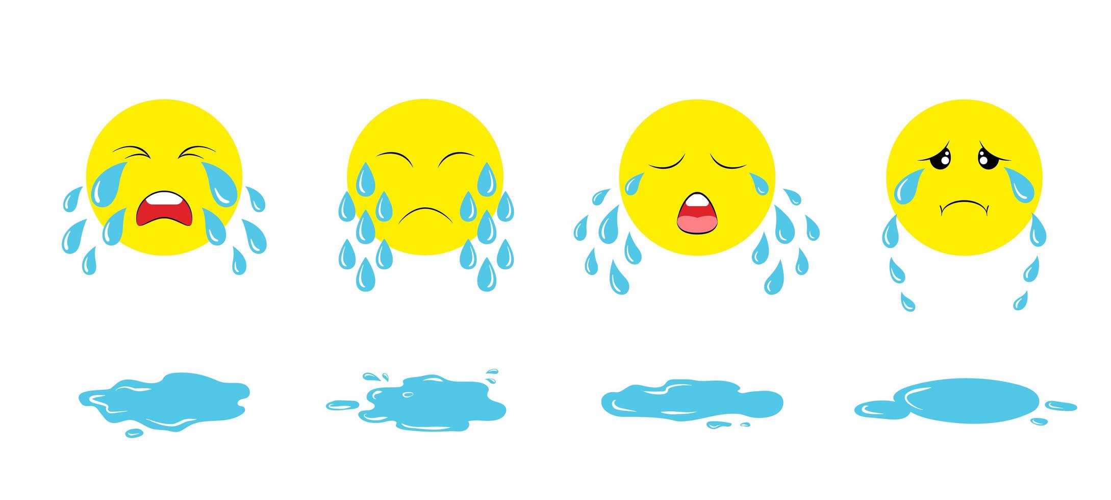 conjunto de desenhos animados chorando rostos de emoji com gotas de lágrimas e poças. emoticons chorando triste vetor