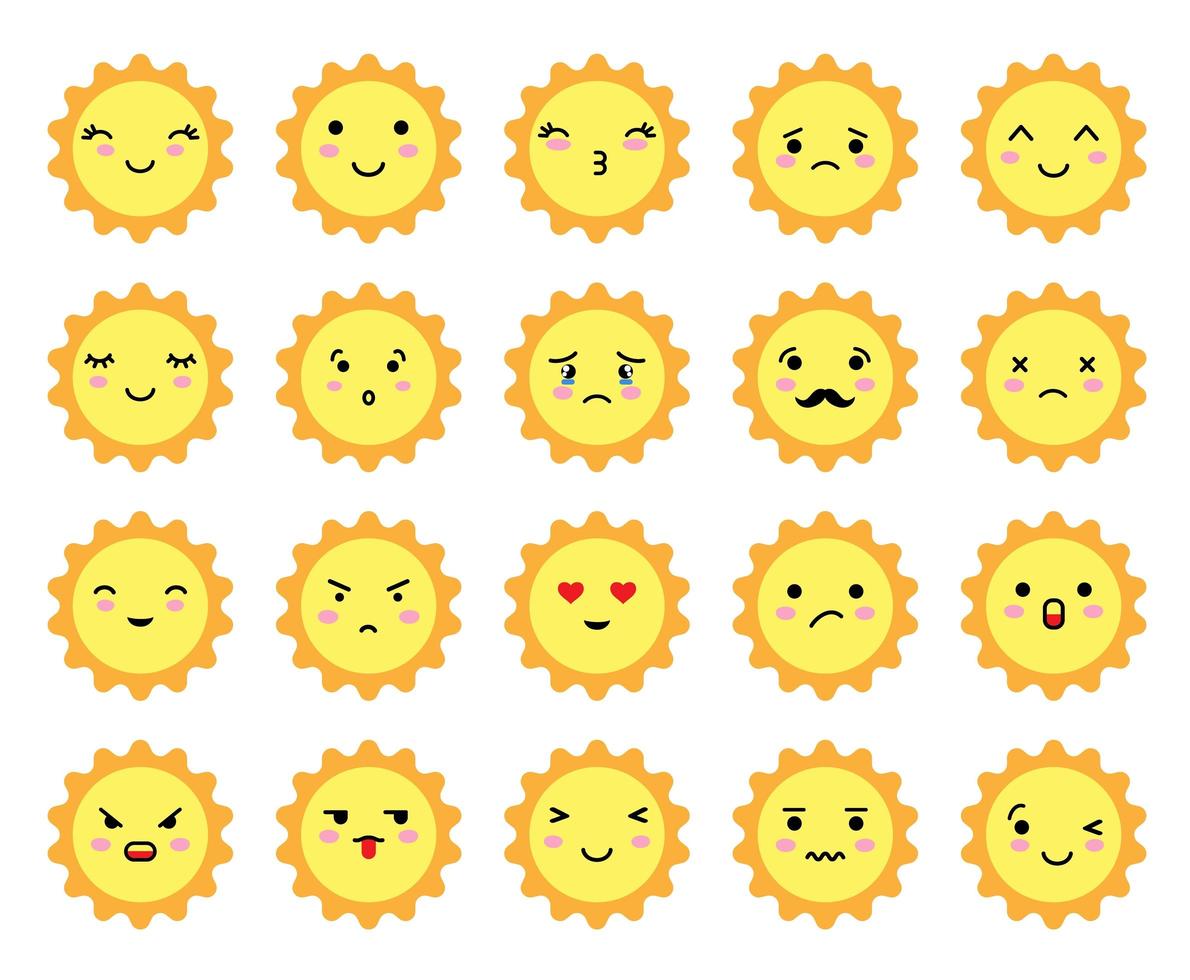 conjunto de emoji em forma de sol com um humor diferente. emoticons de sol bonito kawaii e expressões de rostos de emoji de anime japonês. vetor