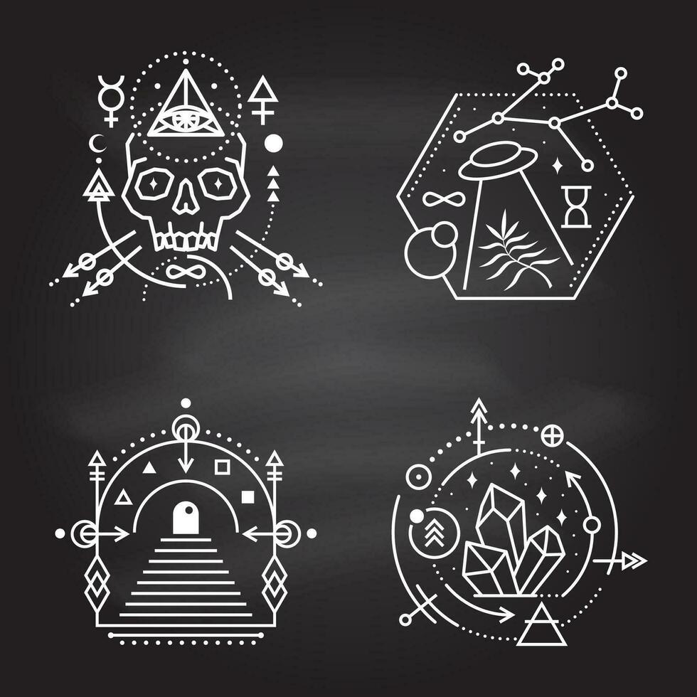 esotérico símbolos. vetor. fino linha geométrico distintivo. esboço ícone para alquimia, sagrado geometria. místico e Magia Projeto com crânio, cristais, sol, UFO vôo, estrelas, portão para outro mundo e lua. vetor