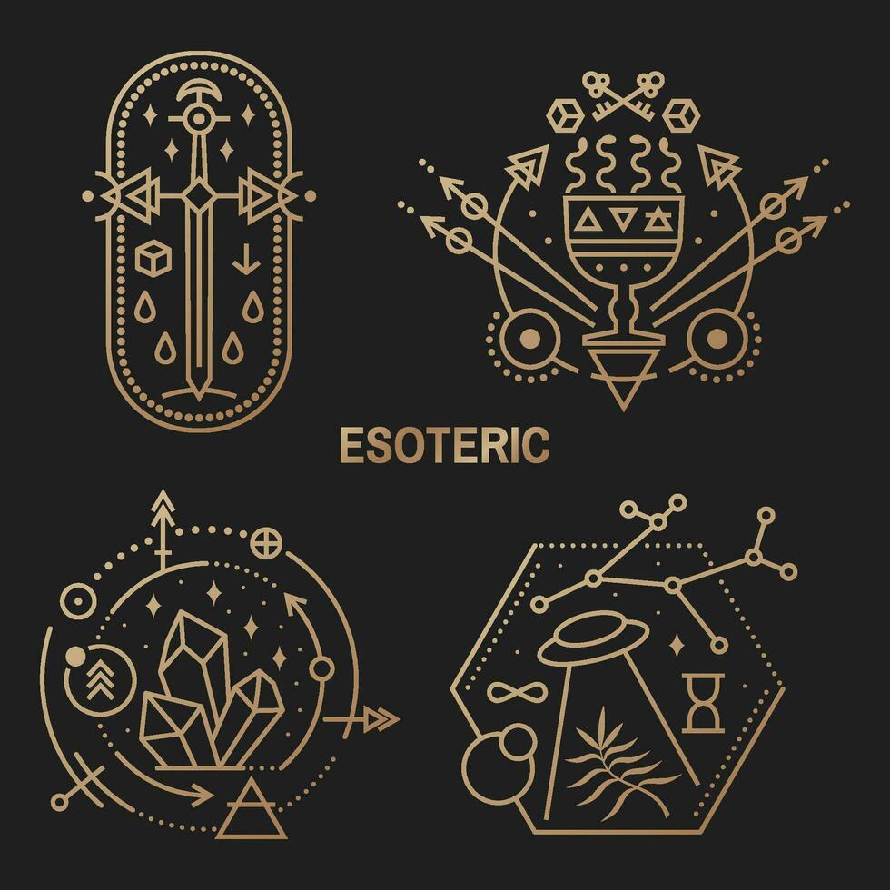 ouro esotérico símbolos. fino linha geométrico distintivo. esboço ícone para alquimia ou sagrado geometria. místico e Magia Projeto com cristais, sol, UFO vôo, estrela, velho espada, copo com cobras e lua vetor