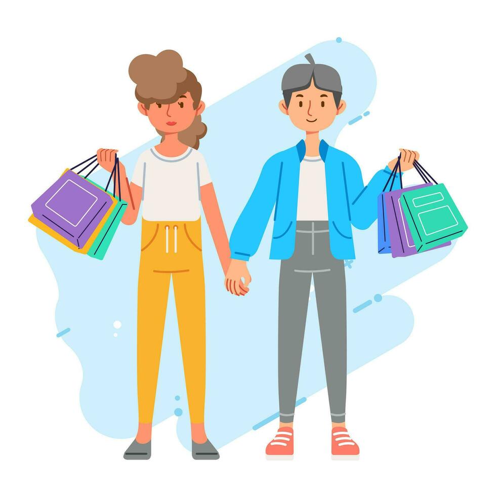 felicidade alegre viciado em compras à moda elegante casal às varejo Shopping loja carregando compras bolsas vetor
