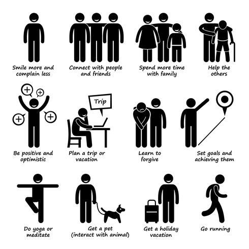 Como ser uma pessoa mais feliz Stick Figure Icons pictograma. vetor