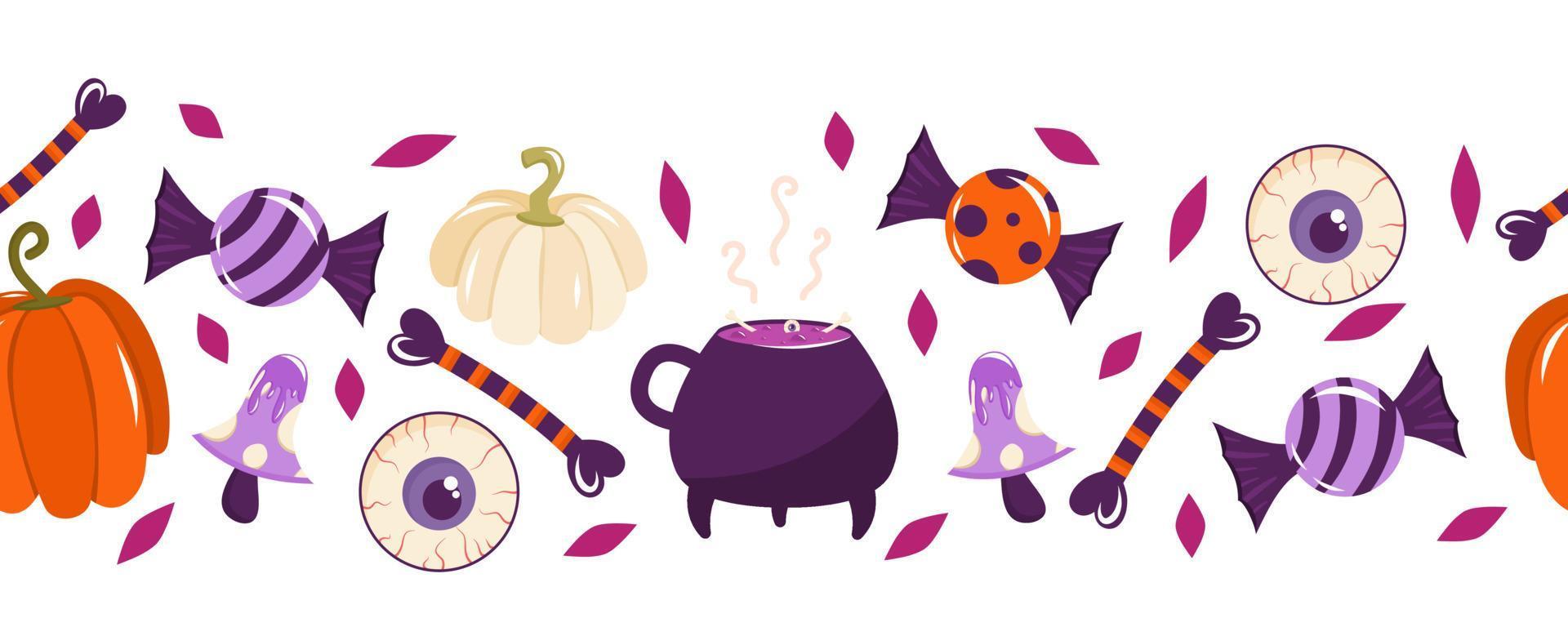 fronteira perfeita para o halloween com doces, ossos, cogumelos, um caldeirão de bruxa e um globo ocular. ilustração em vetor de um padrão sem emenda.