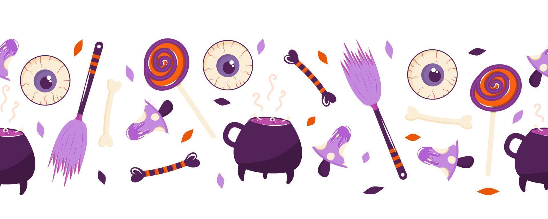 fronteira perfeita para o halloween com doces, ossos, cogumelos, um caldeirão de bruxa e um globo ocular. ilustração em vetor de um padrão sem emenda.