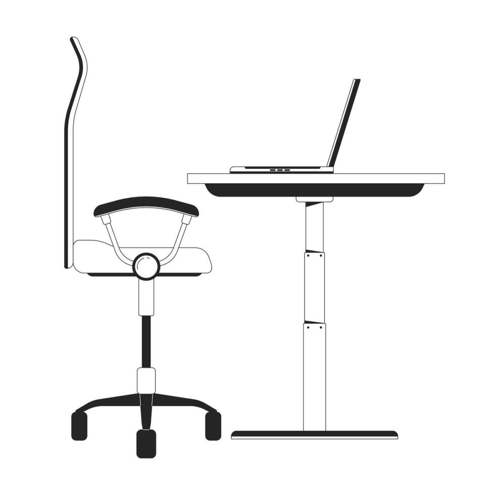 sentado posto de trabalho computador portátil Preto e branco 2d linha desenho animado objeto. escritório cadeira rodas, computador portátil em escrivaninha isolado vetor esboço item. assento, caderno em mesa monocromático plano local ilustração