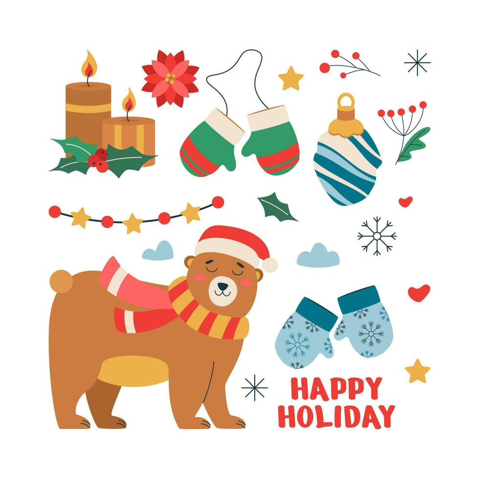 conjunto do Natal brinquedo, luvas, flocos de neve, velas, urso, texto, festão. vetor