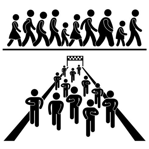 Caminhada da comunidade e corrida marcha maratona Stick Figure pictograma ícone. vetor