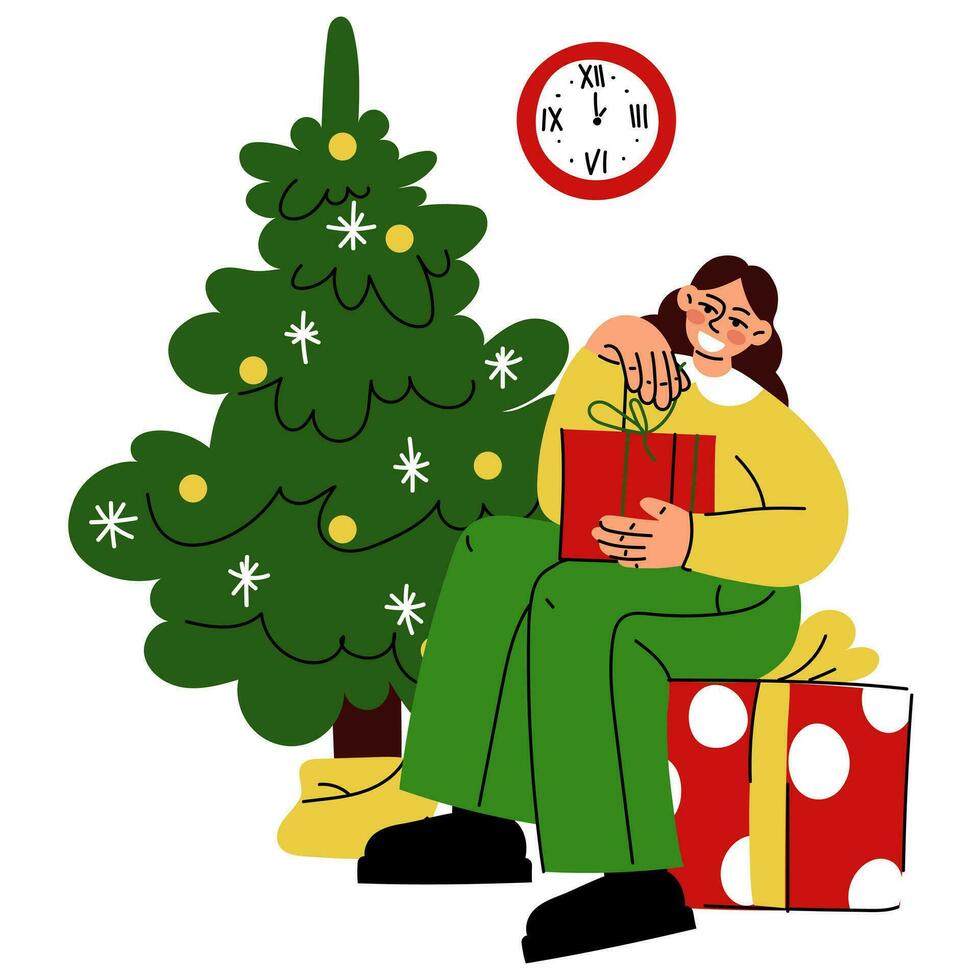 Natal ilustração do uma menina abertura uma presente em a fundo do uma Natal árvore. Está Tempo para dar presentes. desembalar uma presente. vetor. presentes e surpresas. alegre Natal e feliz Novo ano vetor