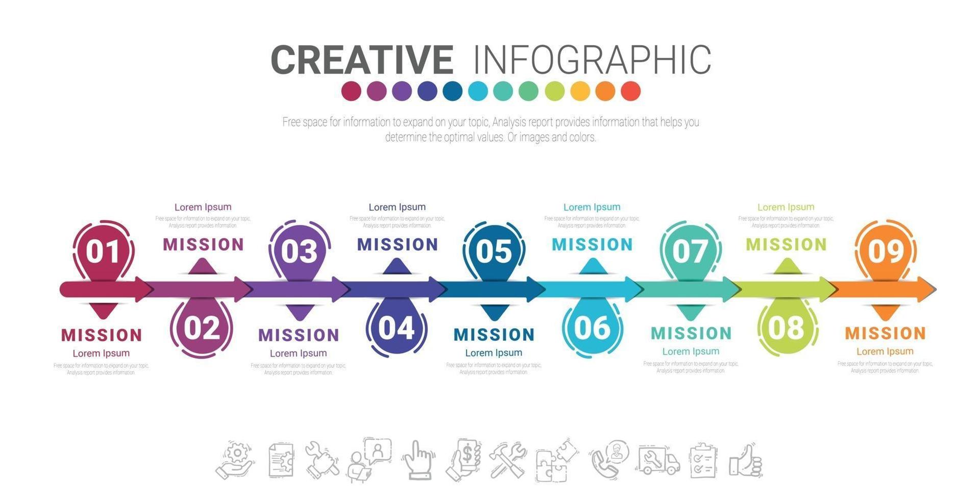 projeto infográfico de vetor com 9 opções ou etapas.