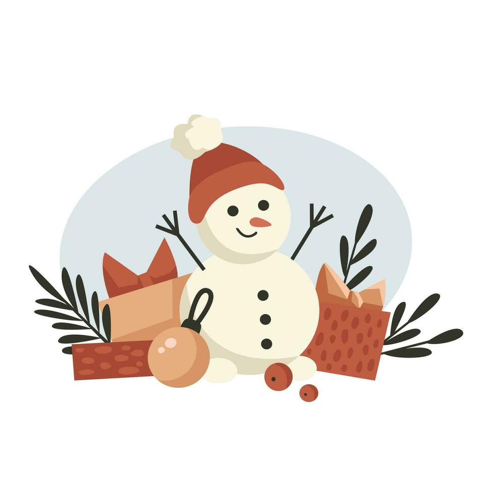 boneco de neve com presente caixas inverno ilustração vetor