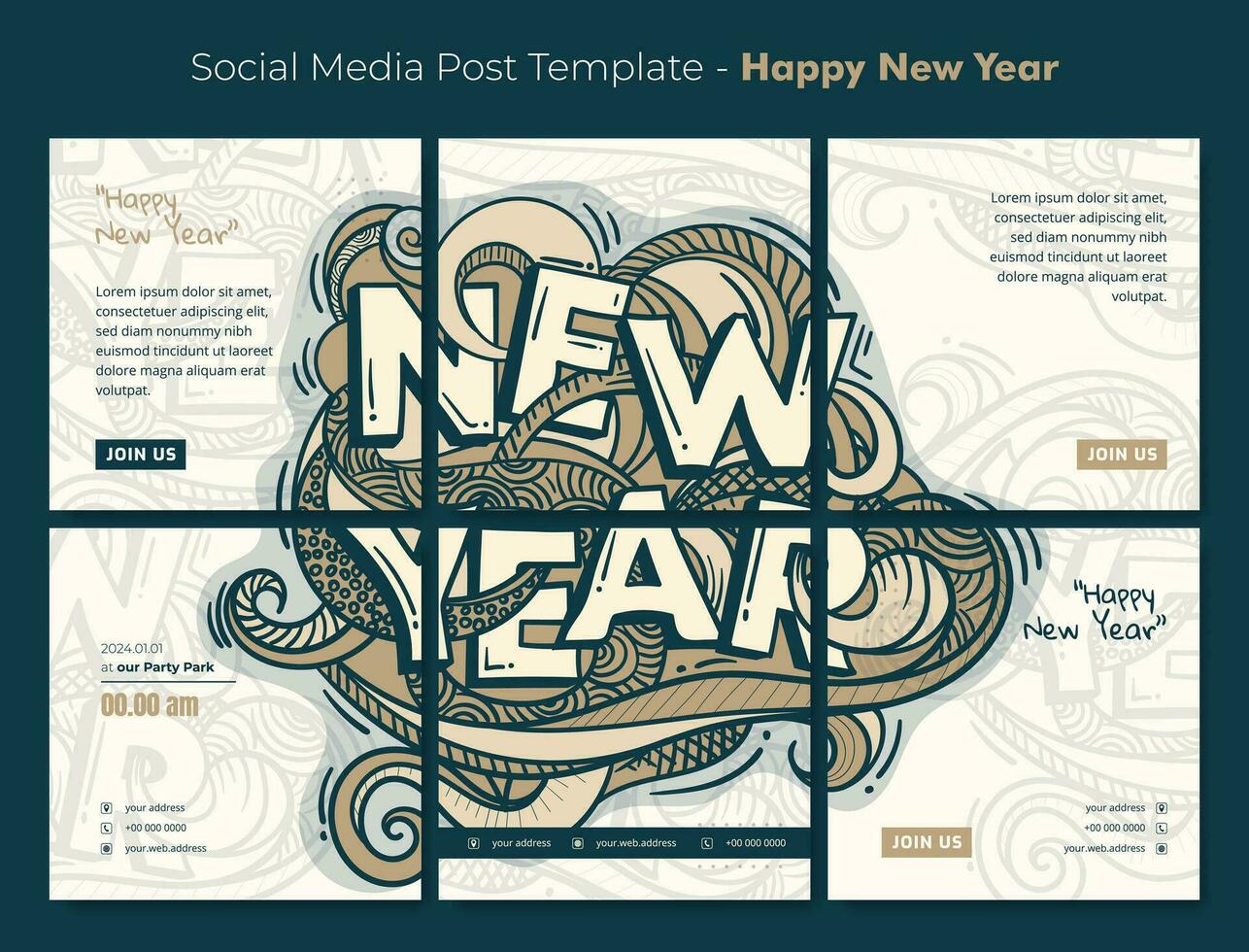 social meios de comunicação postar modelo com Novo ano tipografia e floral rabisco arte Projeto para Novo ano festa vetor