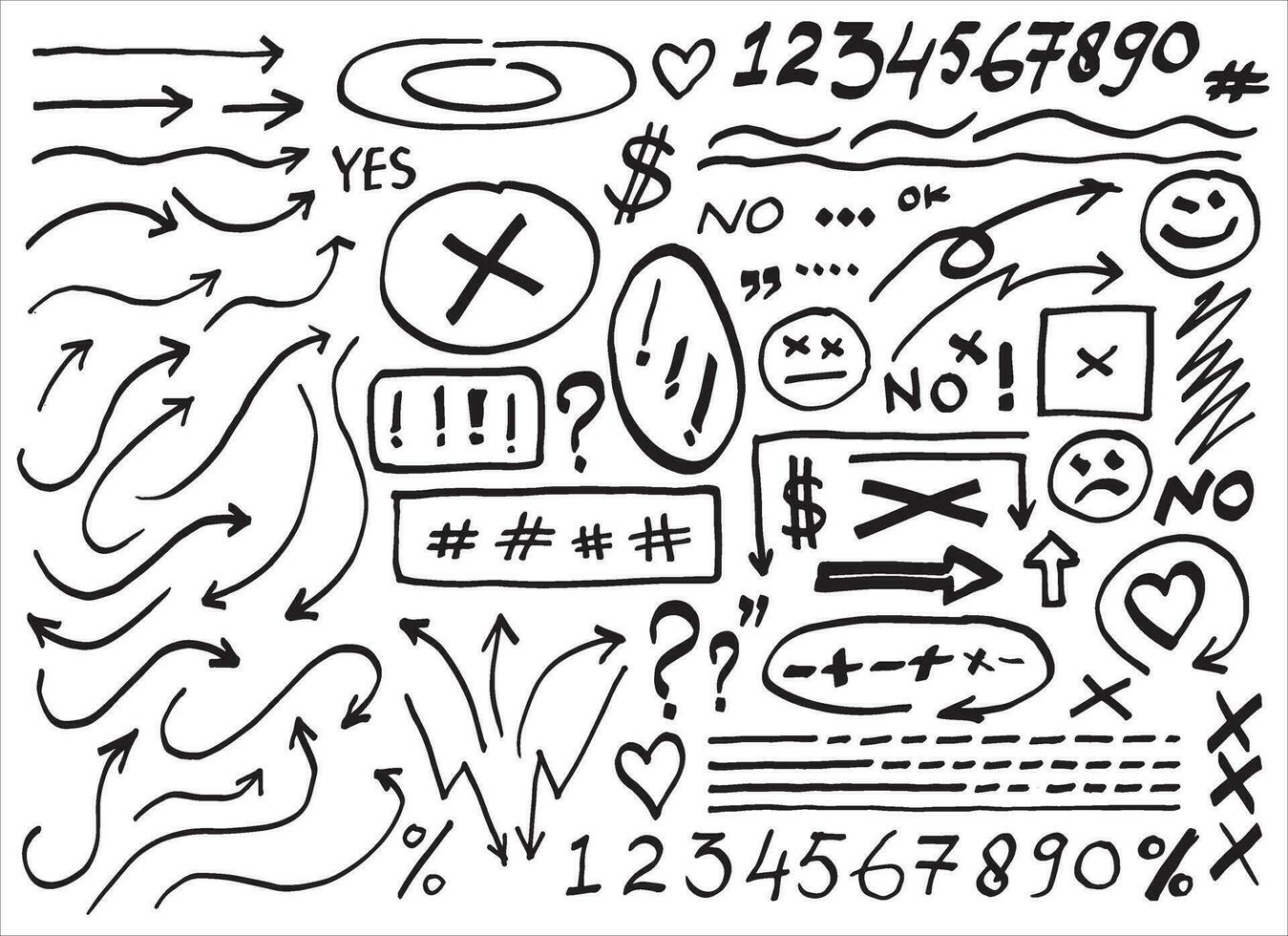 conjunto do mão desenhado Setas; flechas, ícones, hashtags. social símbolos vetor