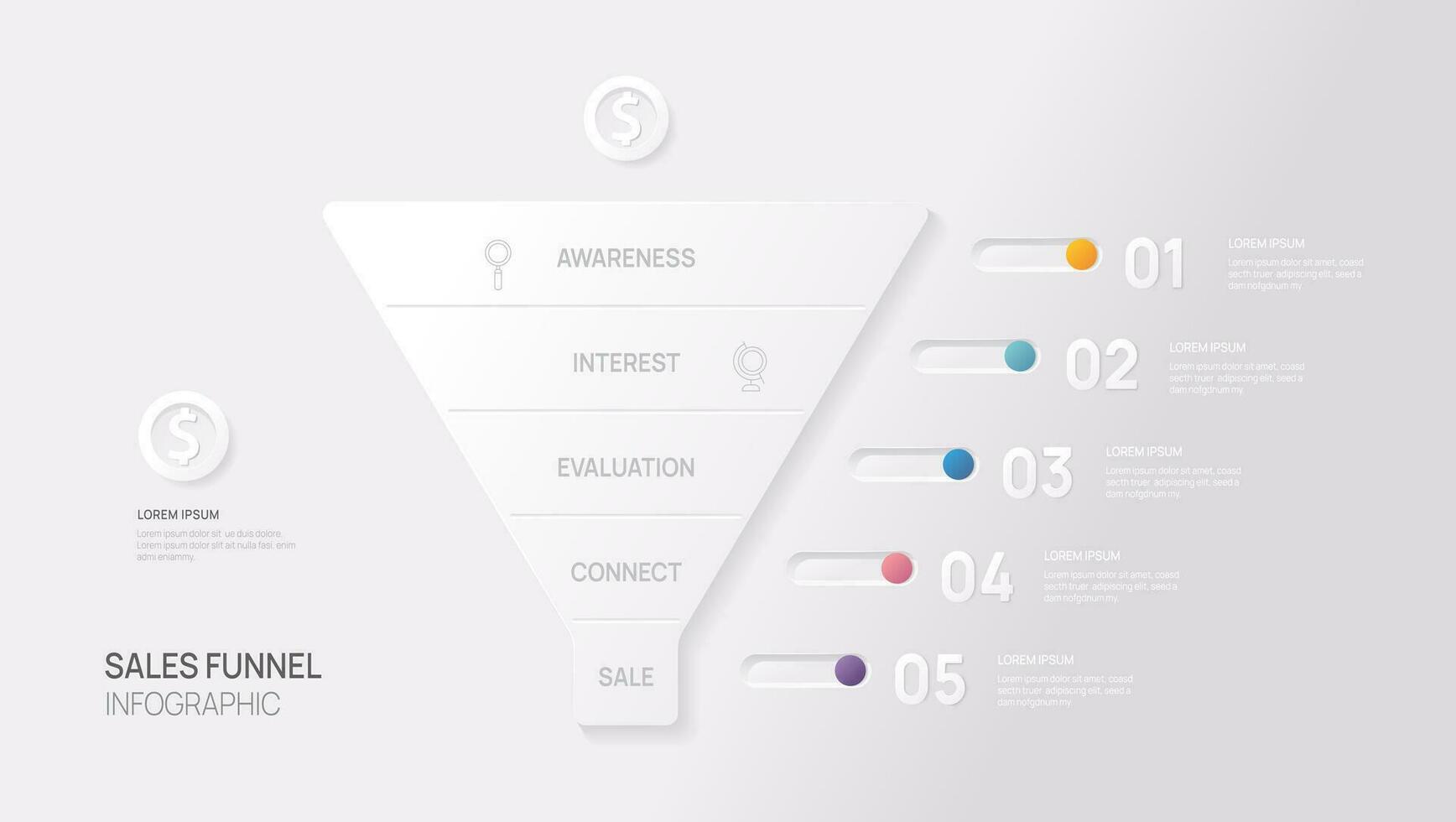 infográfico vendas funil diagrama modelo para negócios. neumorfo Projeto neumorfo Projeto. vetor infográficos.