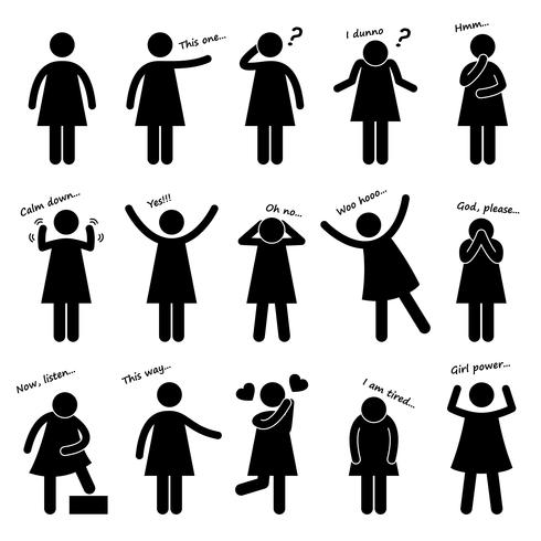 Mulher menina pessoa feminina básico linguagem corporal postura Stick Figure pictograma ícone. vetor