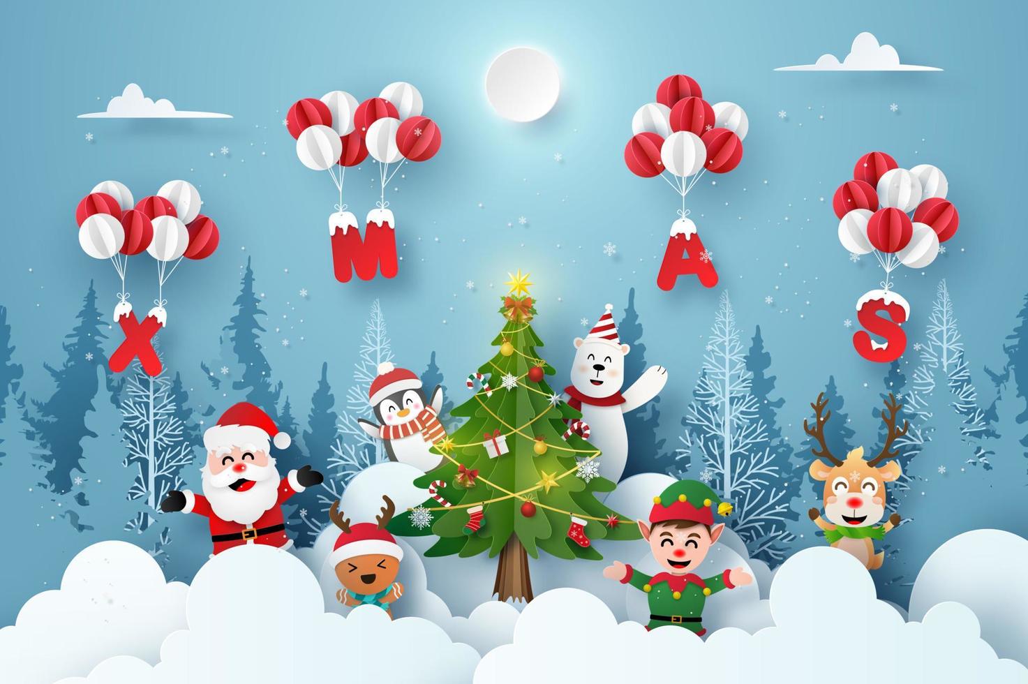 Papai Noel e o personagem de desenho animado bonito na festa de Natal com balão de Natal, Feliz Natal e Feliz Ano Novo vetor